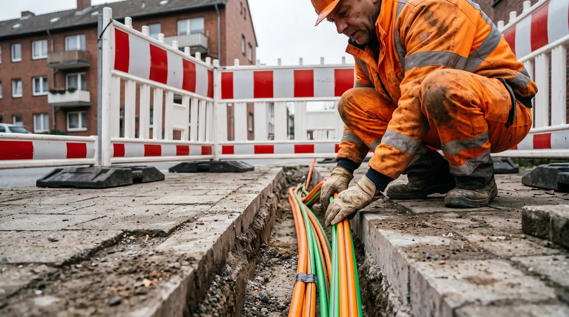 Ein Bauarbeiter verlegt bunte Glasfaser-Leerrohre in einen schmalen Graben auf einem gepflasterten Gehweg in Bochum, gesichert durch rot-weiße Absperrungen.